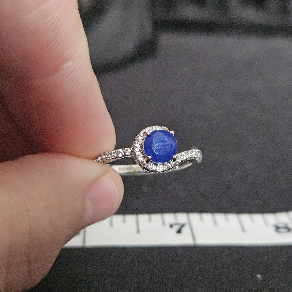 Bomb Party Lab Created round Sapphire, Rhodium Plating Size 8 Ring